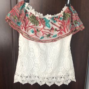Off Shoulder White Top with Mexican Floral Design